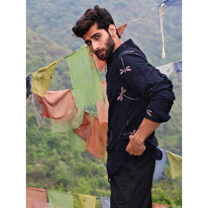 Chidiyaa Black Dragonfly Block Printed Cotton Shirt