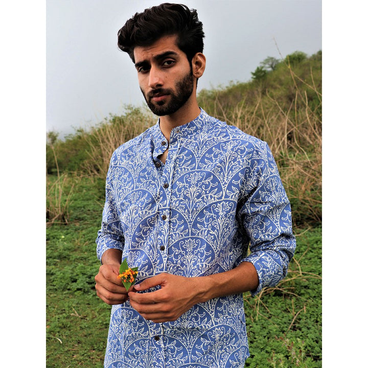 Chidiyaa Yale Blue Block Printed Cotton Shirt