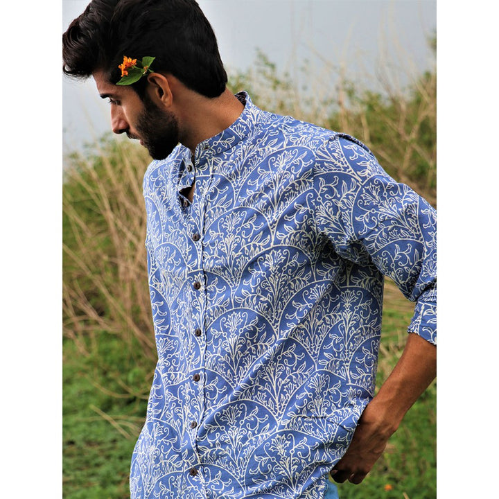 Chidiyaa Yale Blue Block Printed Cotton Shirt