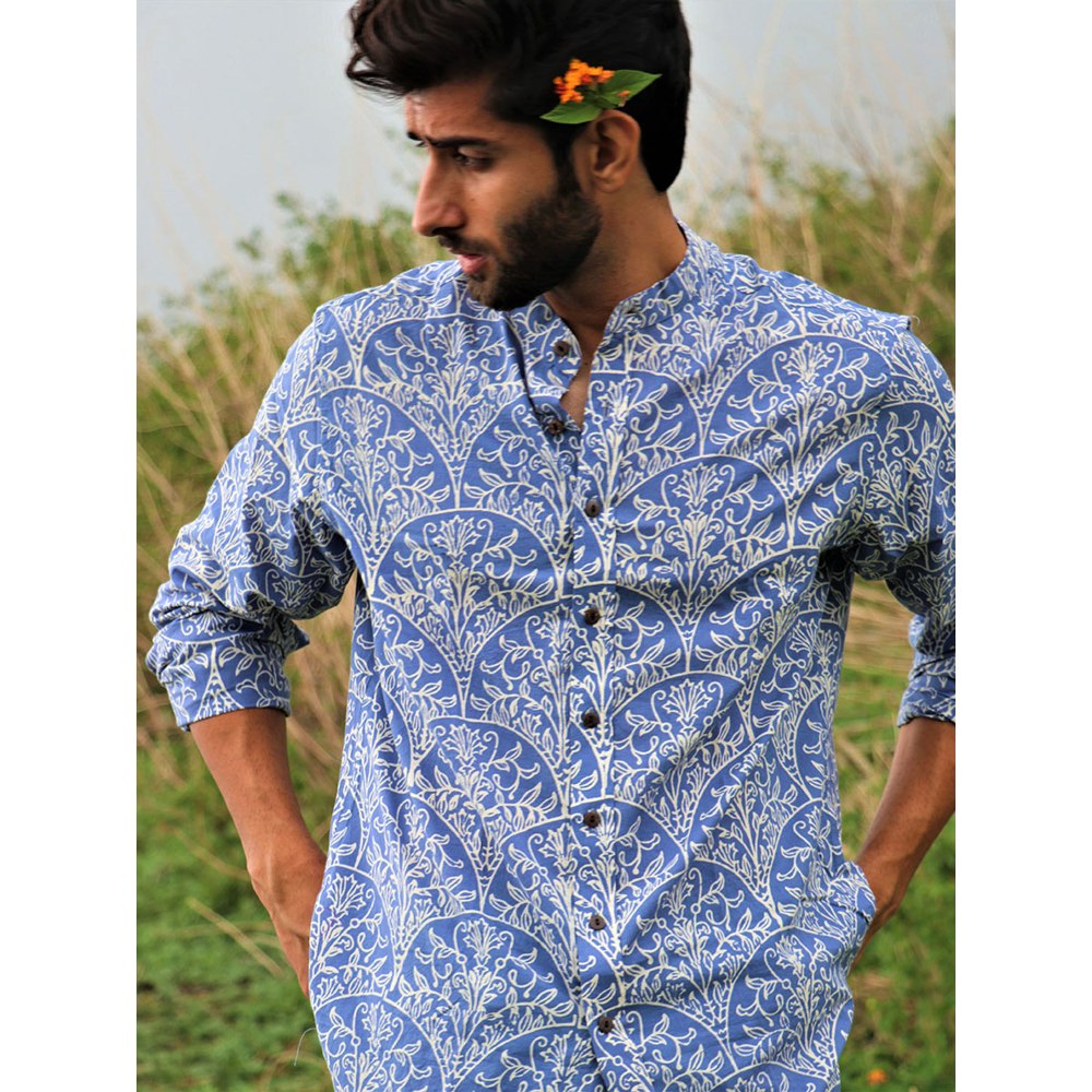 Chidiyaa Yale Blue Block Printed Cotton Shirt