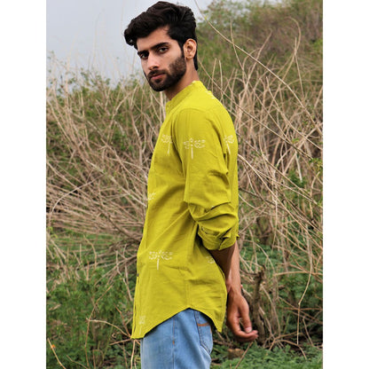 Chidiyaa Parrot Green Dragonfly Block Printed Cotton Shirt