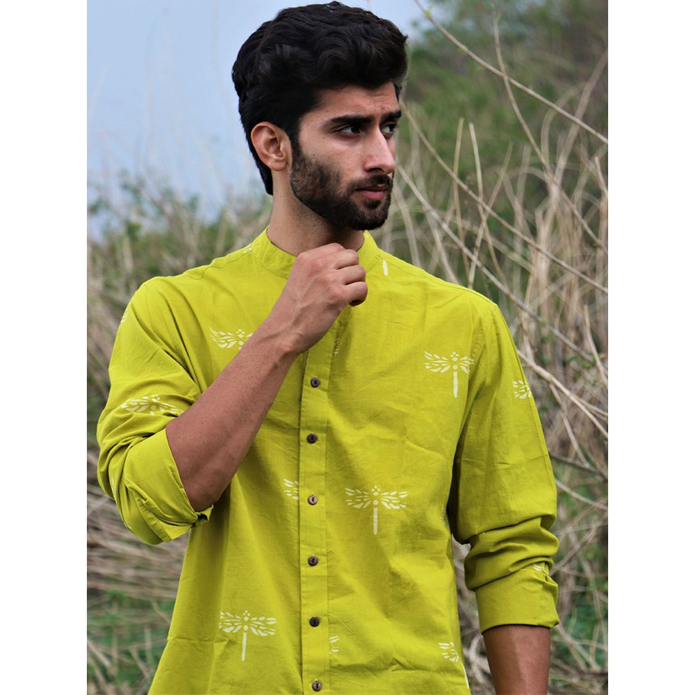 Chidiyaa Parrot Green Dragonfly Block Printed Cotton Shirt