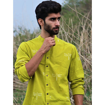 Chidiyaa Parrot Green Dragonfly Block Printed Cotton Shirt