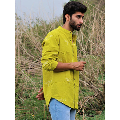 Chidiyaa Parrot Green Dragonfly Block Printed Cotton Shirt