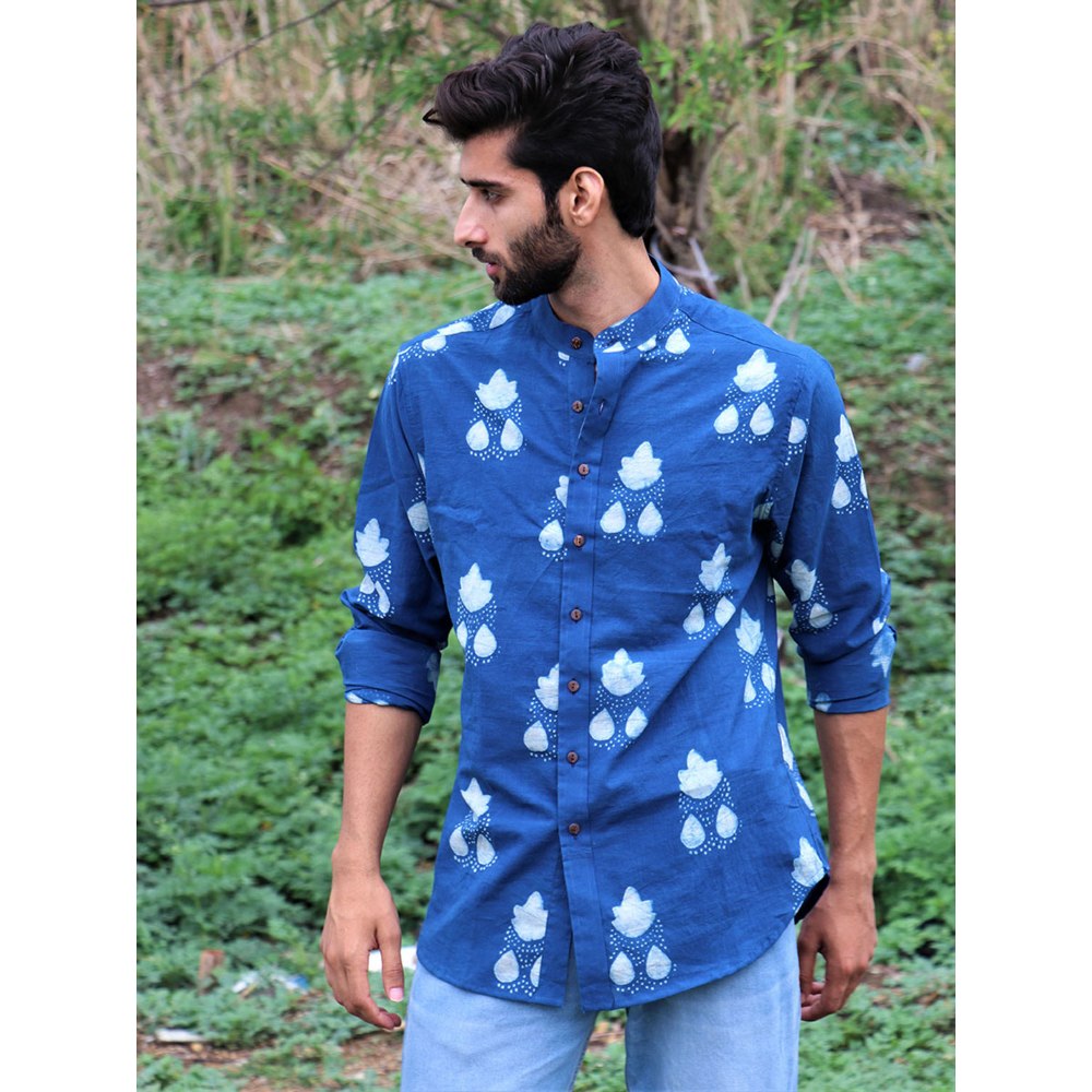 Chidiyaa Royal Blue Block Printed Cotton Shirt