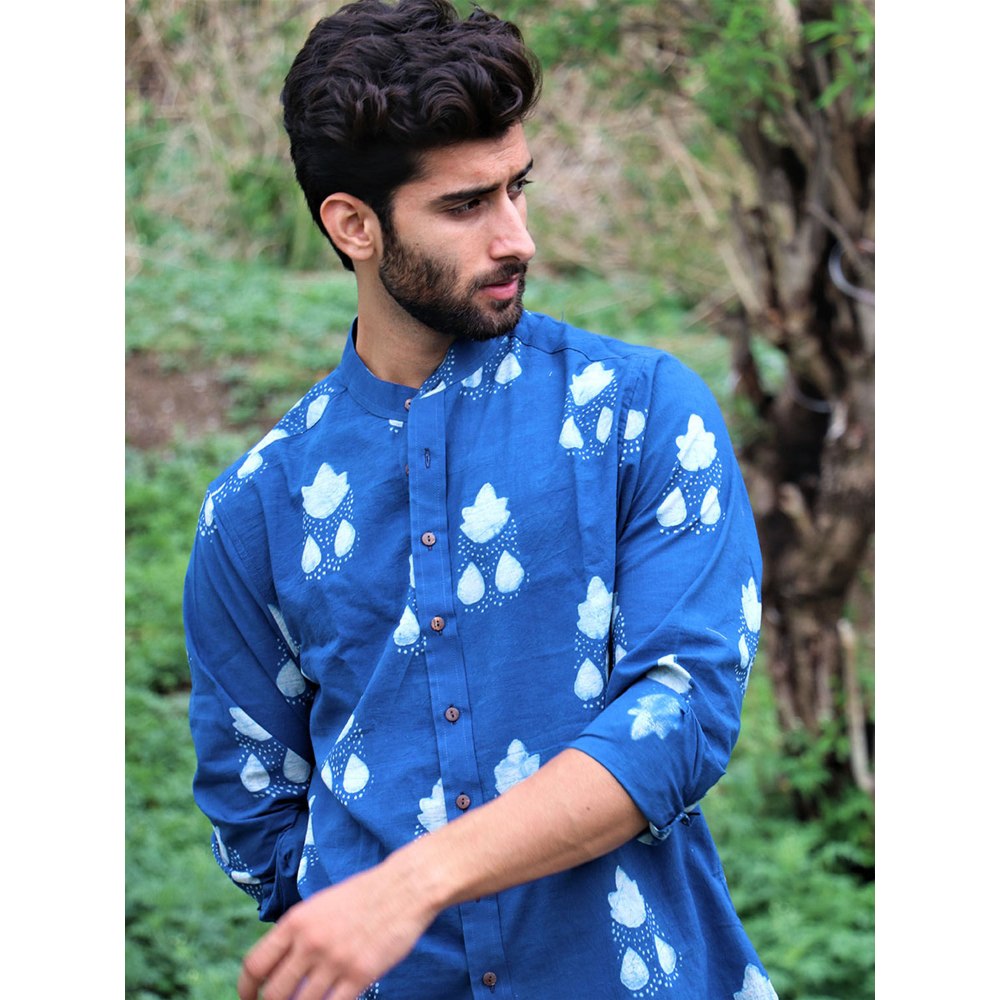 Chidiyaa Royal Blue Block Printed Cotton Shirt