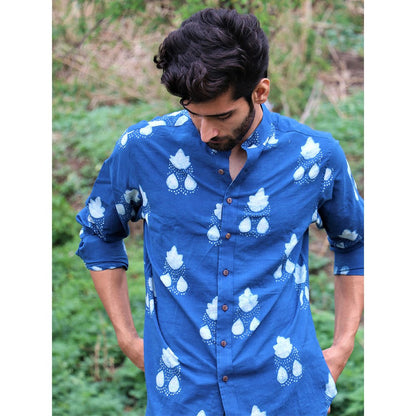 Chidiyaa Royal Blue Block Printed Cotton Shirt