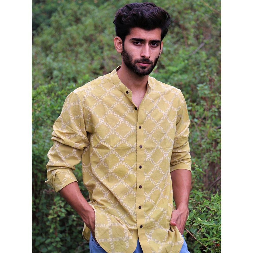 Chidiyaa Yellow Block Printed Cotton Shirt