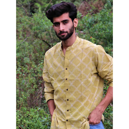 Chidiyaa Yellow Block Printed Cotton Shirt