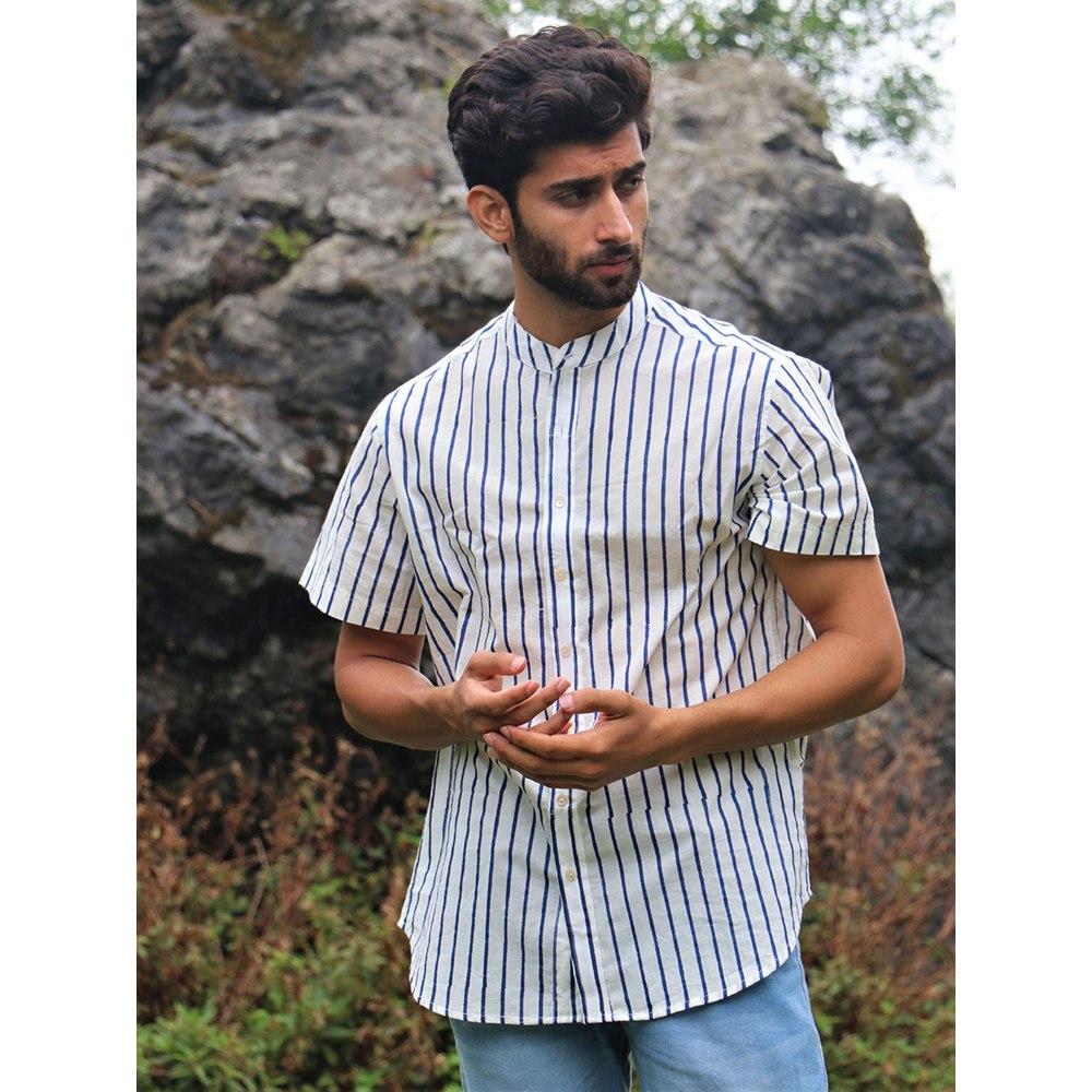 Chidiyaa Ivory Striped Block Printed Cotton Half Sleeved Shirt