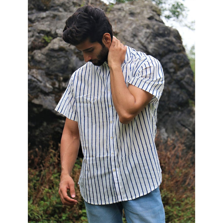 Chidiyaa Ivory Striped Block Printed Cotton Half Sleeved Shirt