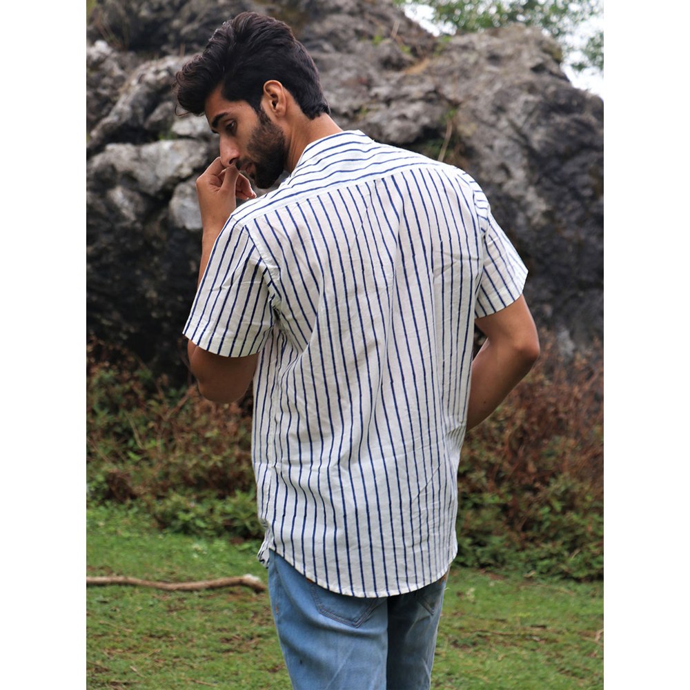 Chidiyaa Ivory Striped Block Printed Cotton Half Sleeved Shirt