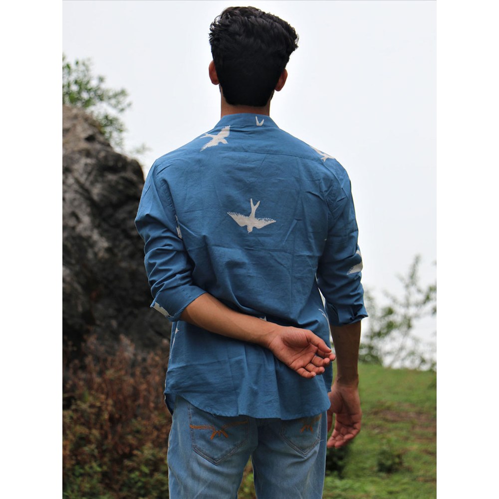 Chidiyaa Blue Fly on Block Printed Cotton Shirt