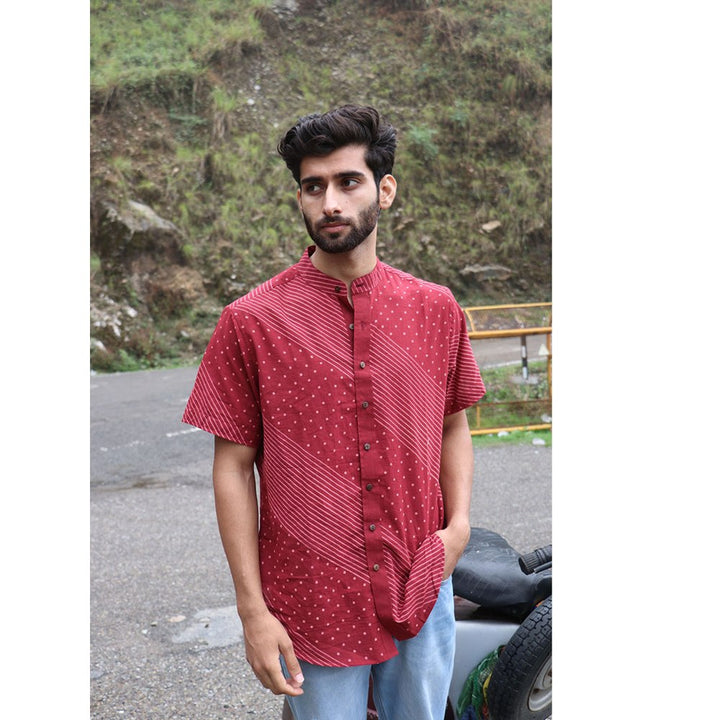 Chidiyaa Maroon Block Printed Cotton Half Sleeved Shirt