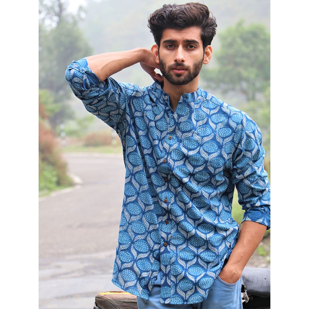 Chidiyaa Summer Blue Block Printed Cotton Shirt