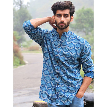 Chidiyaa Summer Blue Block Printed Cotton Shirt