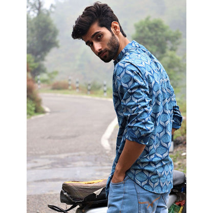 Chidiyaa Summer Blue Block Printed Cotton Shirt