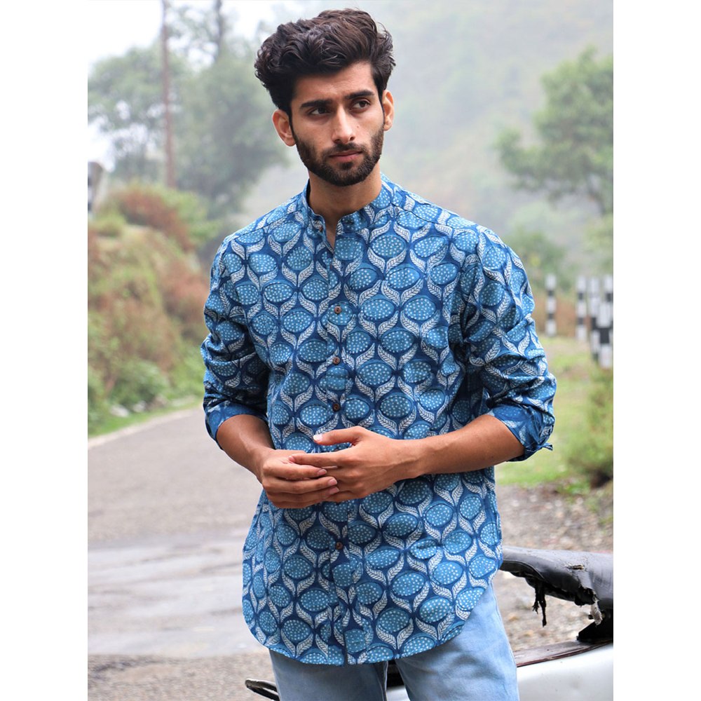 Chidiyaa Summer Blue Block Printed Cotton Shirt