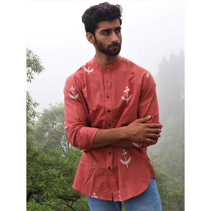 Chidiyaa Peach Block Printed Cotton Shirt