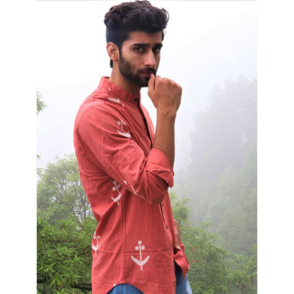 Chidiyaa Peach Block Printed Cotton Shirt