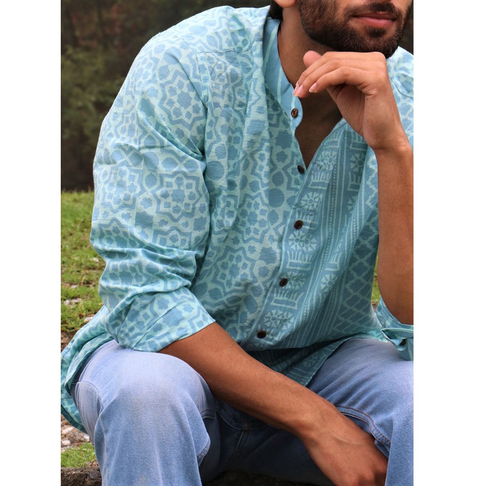 Chidiyaa Light Blue Block Printed Cotton Shirt
