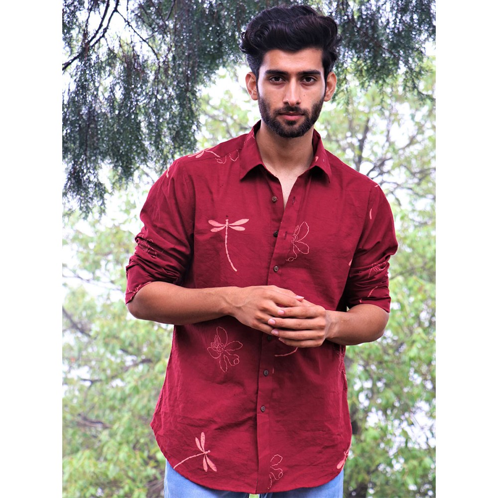 Chidiyaa Maroon Dragonfly Block Printed Cotton Shirt