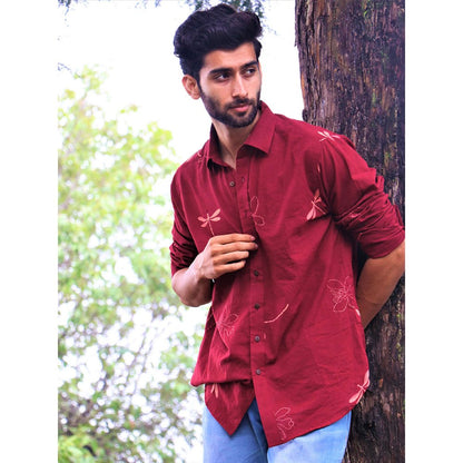 Chidiyaa Maroon Dragonfly Block Printed Cotton Shirt