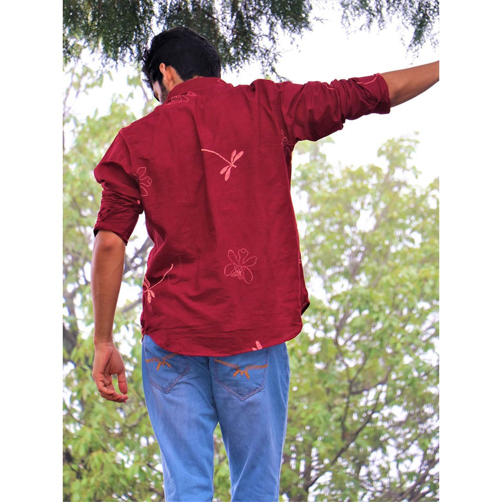 Chidiyaa Maroon Dragonfly Block Printed Cotton Shirt