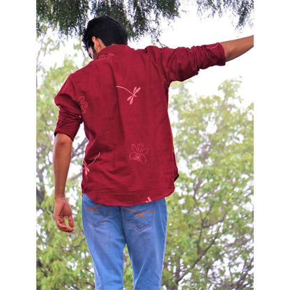 Chidiyaa Maroon Dragonfly Block Printed Cotton Shirt