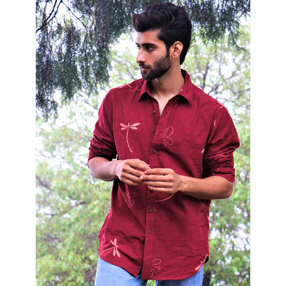 Chidiyaa Maroon Dragonfly Block Printed Cotton Shirt