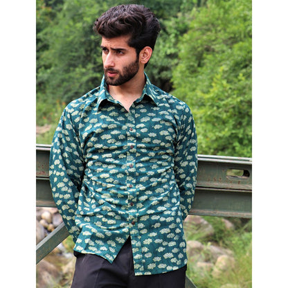 Chidiyaa Forest Green Block Printed Cotton Shirt