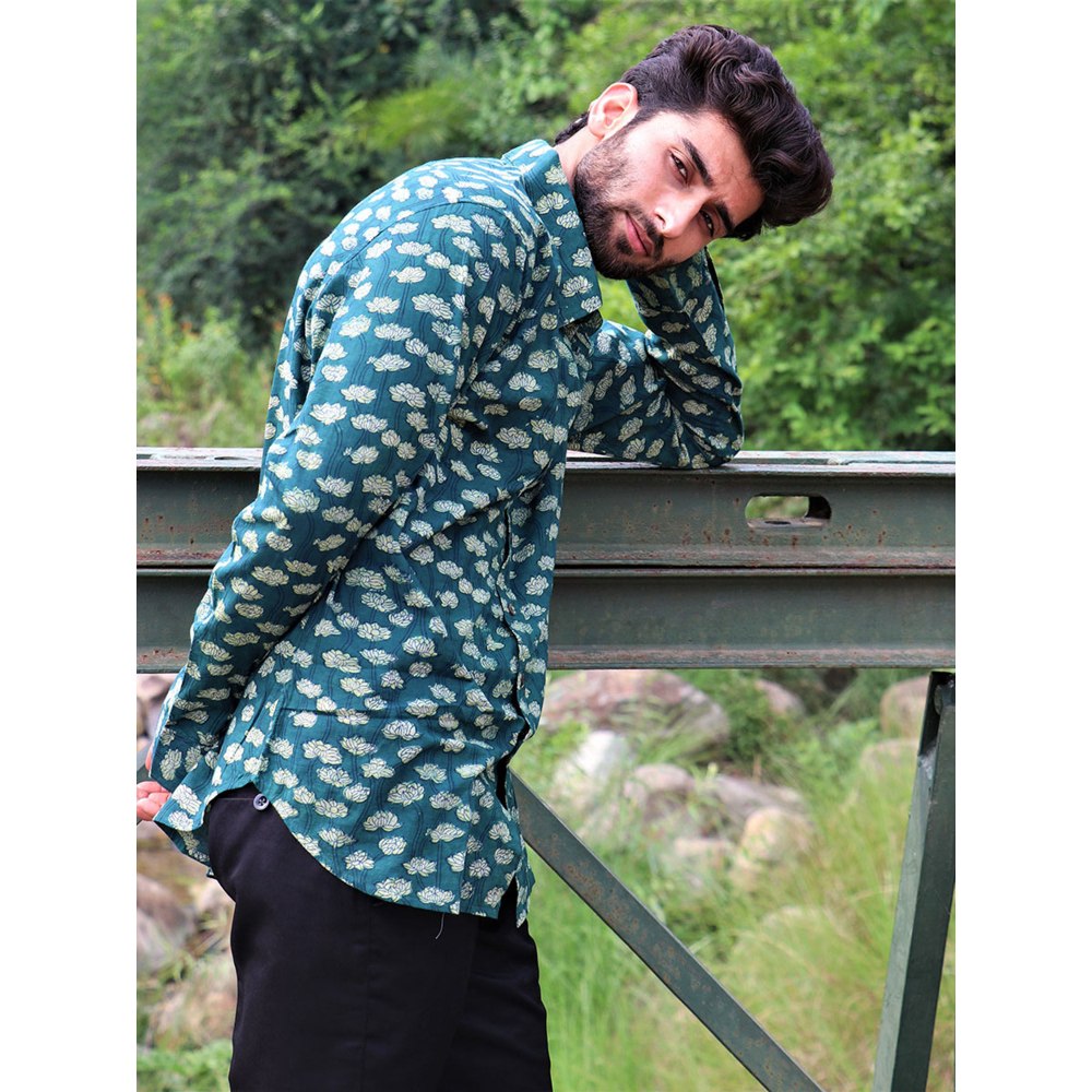 Chidiyaa Forest Green Block Printed Cotton Shirt