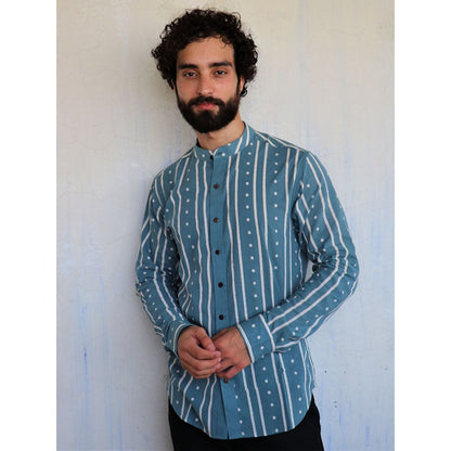 Chidiyaa Teal Stripes Dots Block printed Shirt