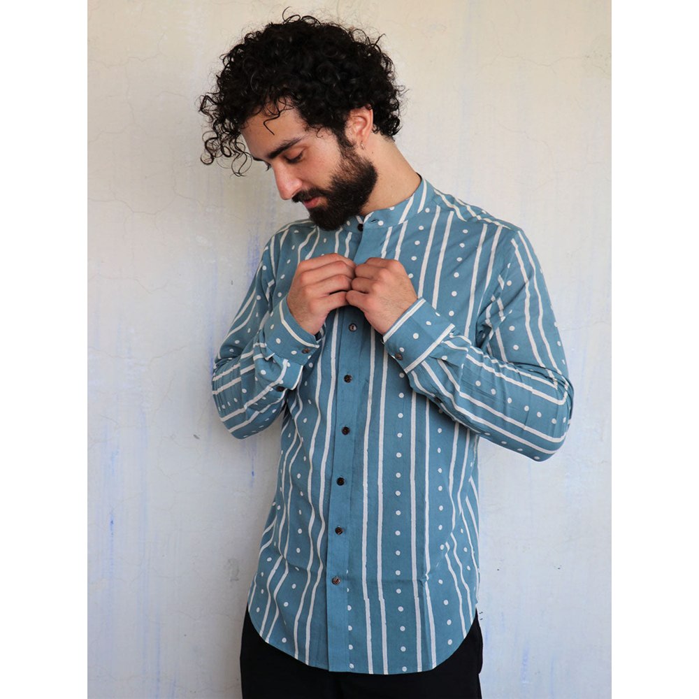 Chidiyaa Teal Stripes Dots Block printed Shirt