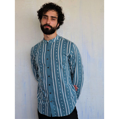 Chidiyaa Teal Stripes Dots Block printed Shirt