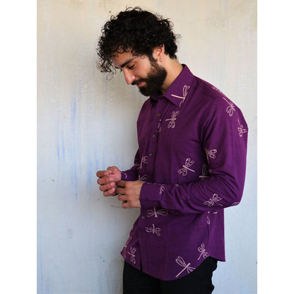 Chidiyaa Aubergine Dragonfly Block printed Shirt