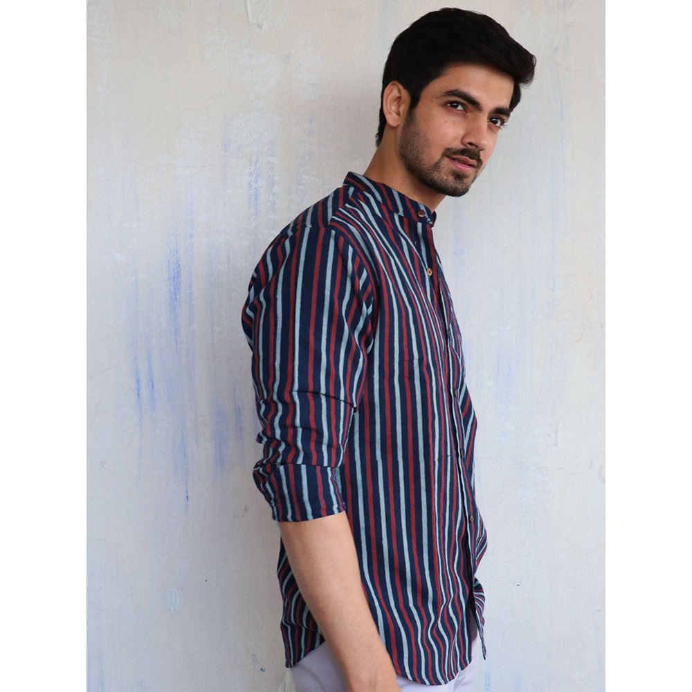 Chidiyaa Blue Stripe Block Printed Mens Shirt