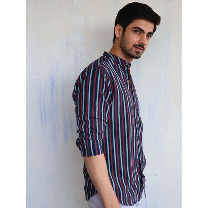 Chidiyaa Blue Stripe Block Printed Mens Shirt
