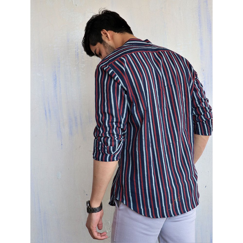 Chidiyaa Blue Stripe Block Printed Mens Shirt