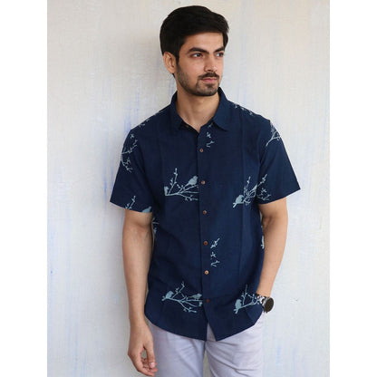 Chidiyaa Blue Bird On Branch Block Printed Mens Shirt