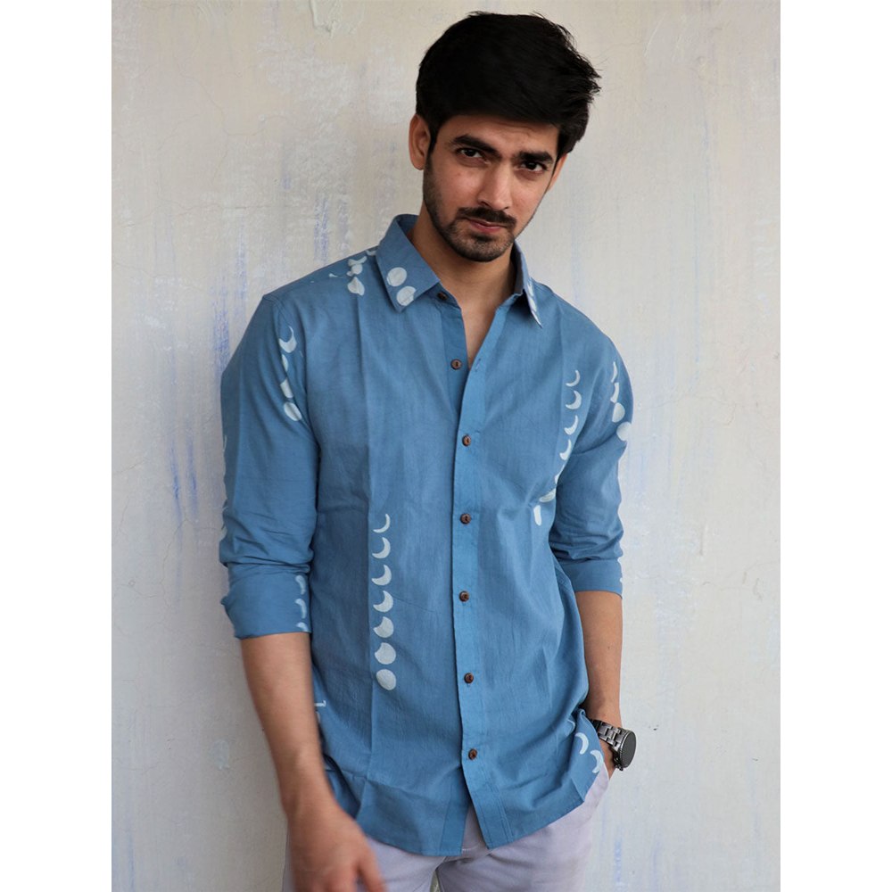 Chidiyaa Blue Eclipse Block Printed Mens Shirt