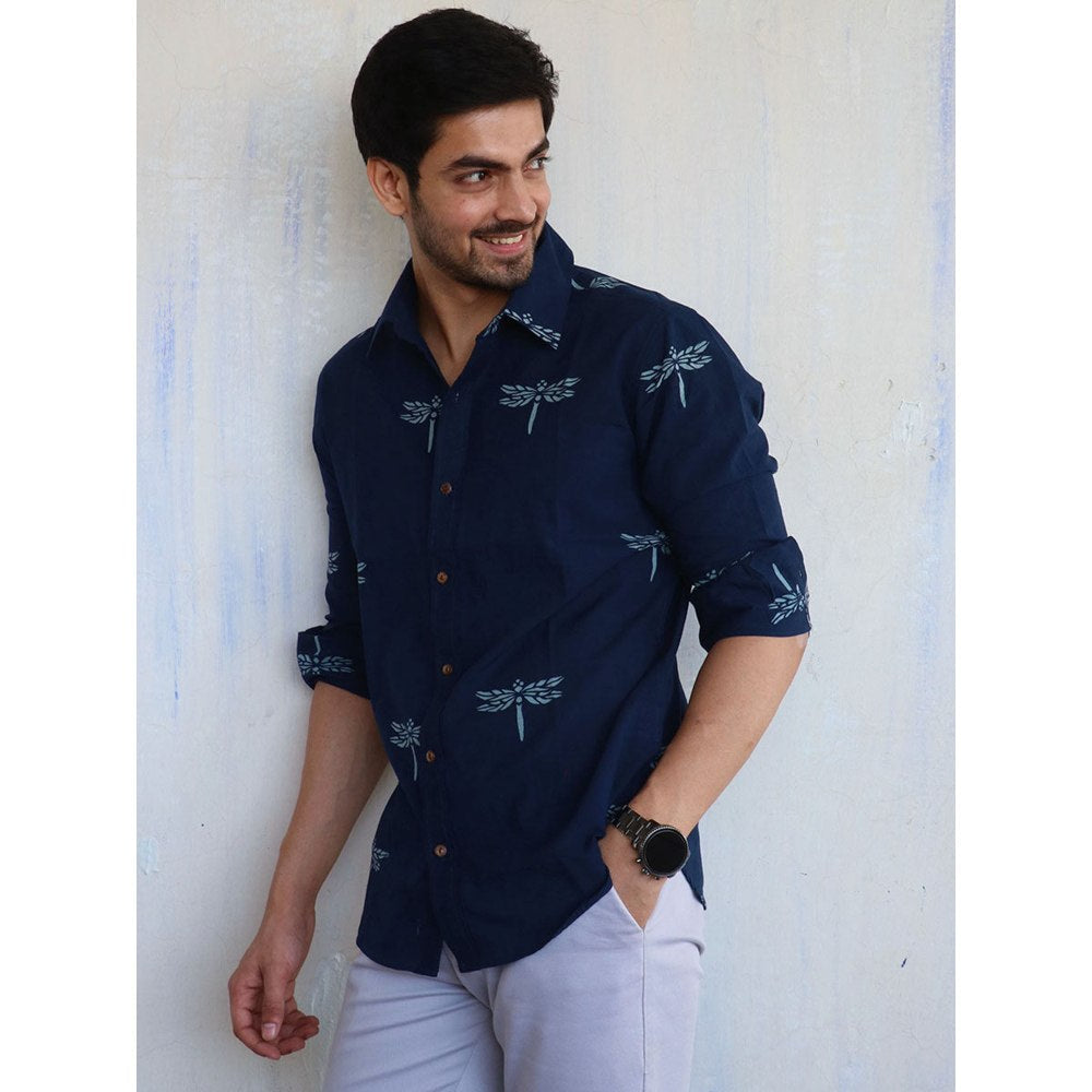 Chidiyaa Navy Blue Dragonfly Block Printed Mens Shirt