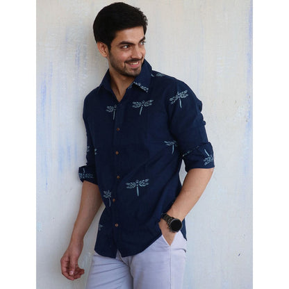 Chidiyaa Navy Blue Dragonfly Block Printed Mens Shirt