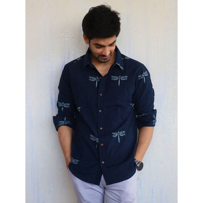 Chidiyaa Navy Blue Dragonfly Block Printed Mens Shirt