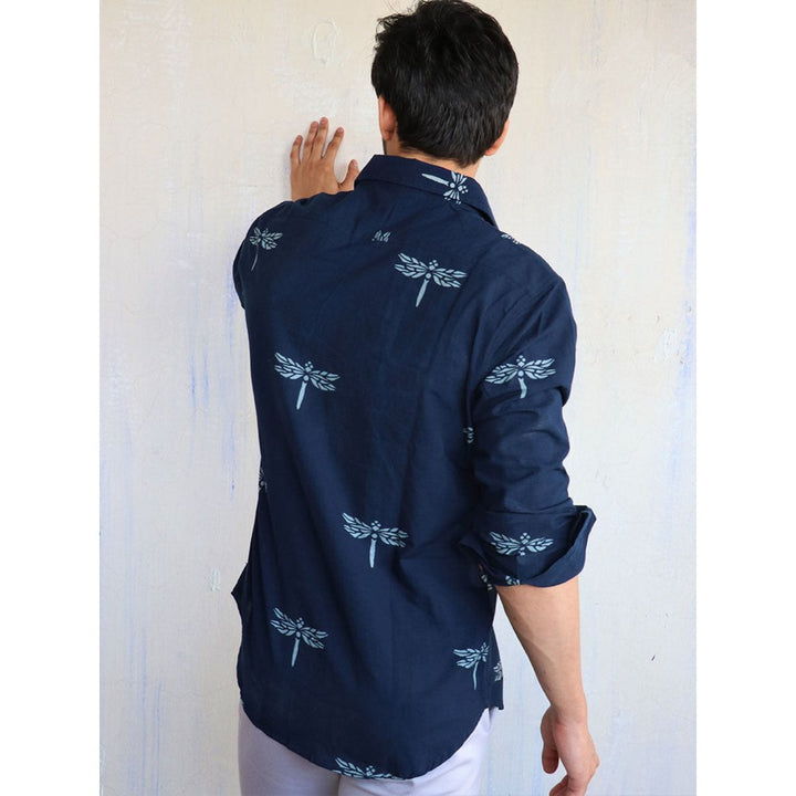 Chidiyaa Navy Blue Dragonfly Block Printed Mens Shirt