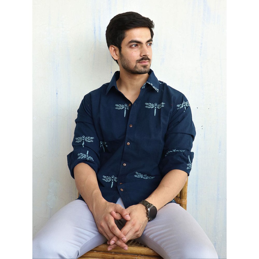 Chidiyaa Navy Blue Dragonfly Block Printed Mens Shirt