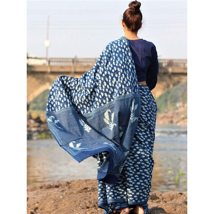 Chidiyaa Ekta Cotton Saree - Akash with Unstitched Blouse