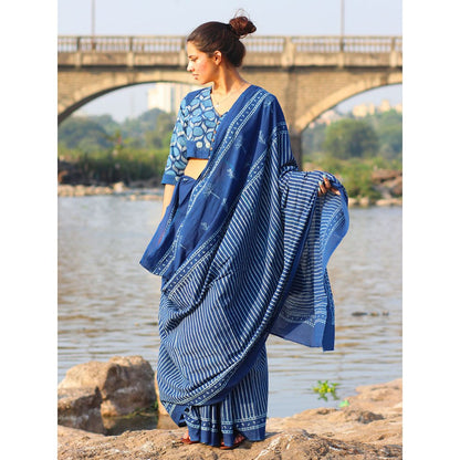Chidiyaa Baruni Cotton Saree - Akash with Unstitched Blouse