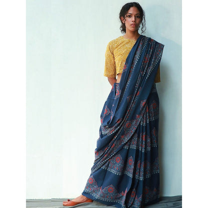 Chidiyaa Cobalt Cotton Saree Fmtm with Unstitched Blouse