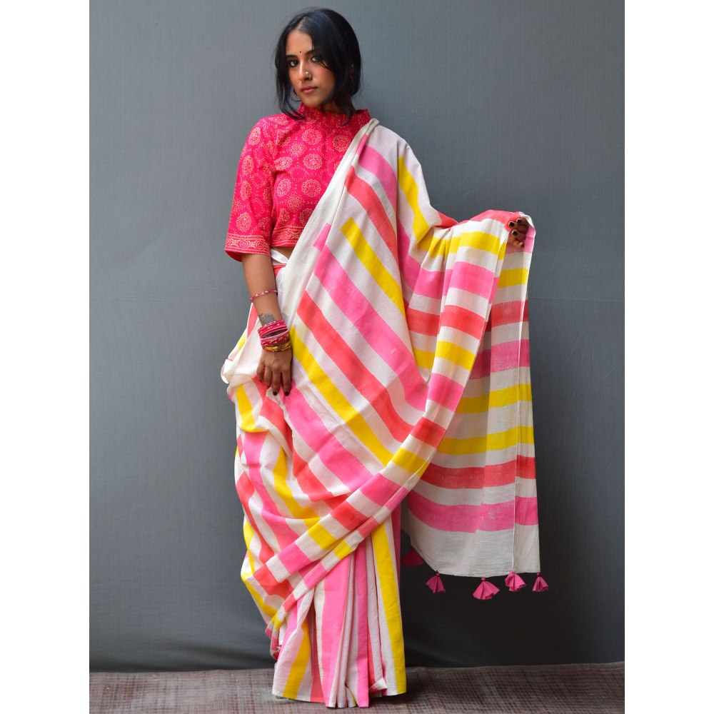 Chidiyaa Rangeen Sweth Hand Block printed Mulmul Cotton Saree with Unstitched